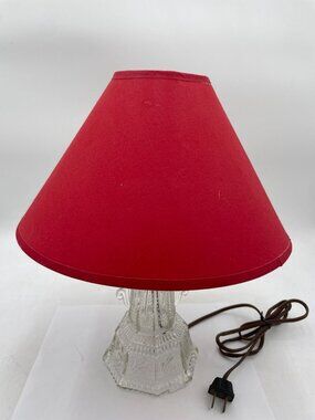 Vintage Glass Table Lamp With Red Fabric Shade Elegant Detailing Electric Plug-I